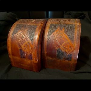 Tooled Leather Bookends with Equestrian Motif